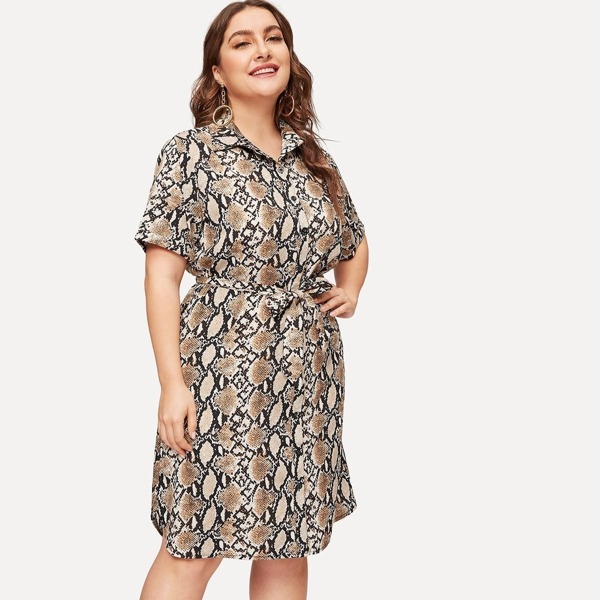 

Plus Snake Print Button Front Shirt Dress