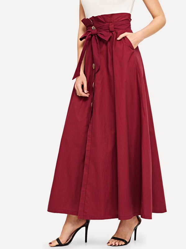 

Knot Button Front Skirt, Burgundy, Masha