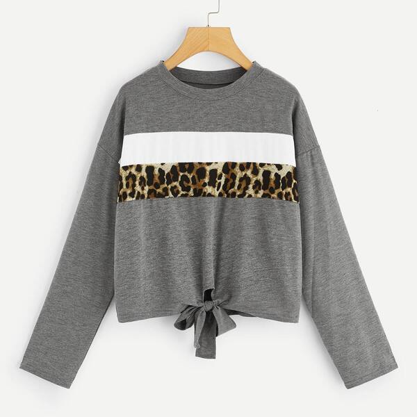 

Plus Knot Hem Contrast Leopard Sweatshirt