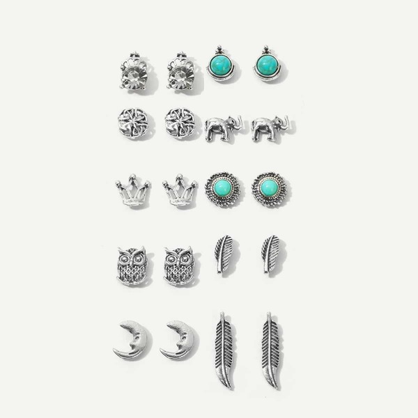 

Elephant & Owl Stud Earrings 10pairs, Silver