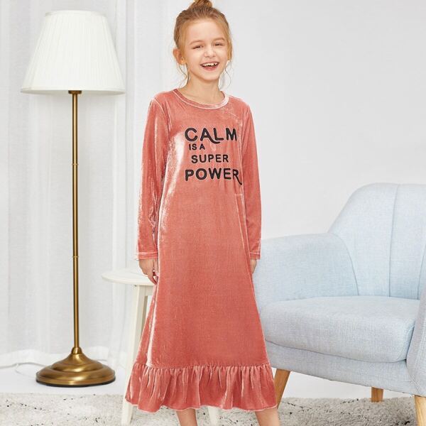 

Girls Letter Print Ruffle Hem Velvet Dress, Pink