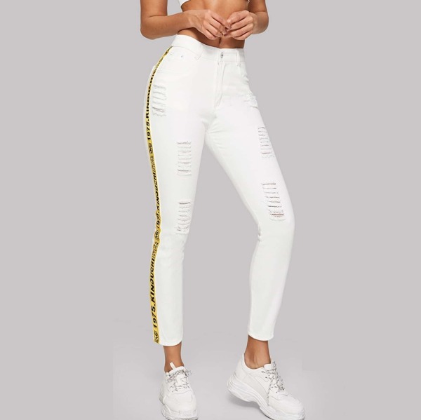 

Letter Side Ripped Jeggings, White