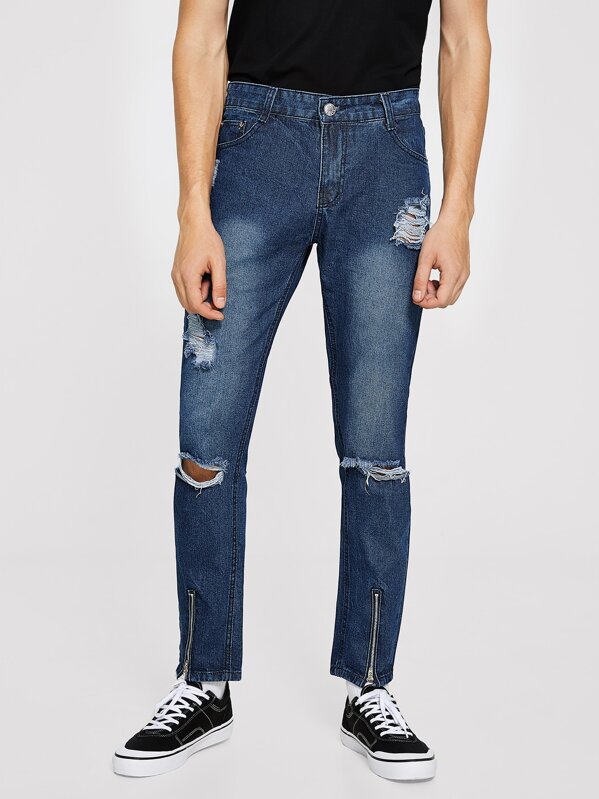 

Men Button Waist Ripped Zip Hem Jeans, Blue, EGOR