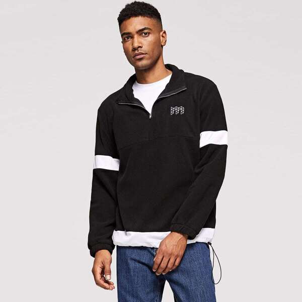 

Men Contrast Panel Quarter Zip Teddy Sweatshirt, Black