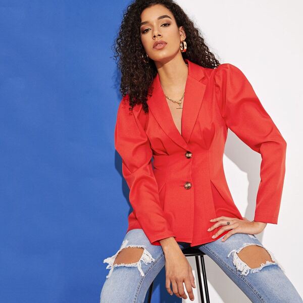 

Puff Sleeve Boxed Pleated Hem Blazer, Red