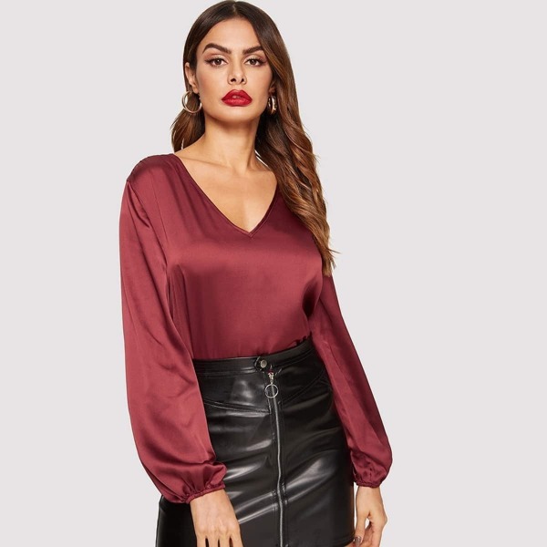 

V-neck Blouson Sleeve Satin Top