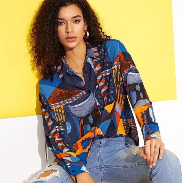 

Curved Hem Painting Print Shirt, Multicolor