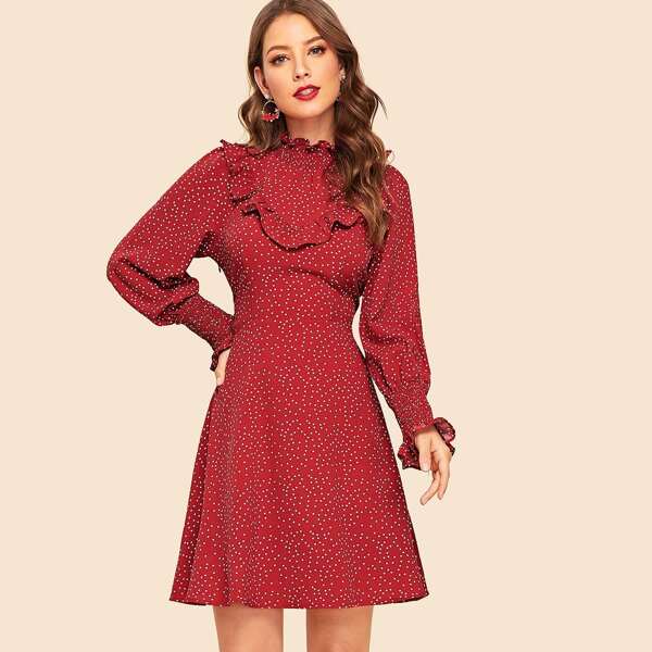 

70s Shirred Neck and Cuff Ruffle Polka Dot Dress