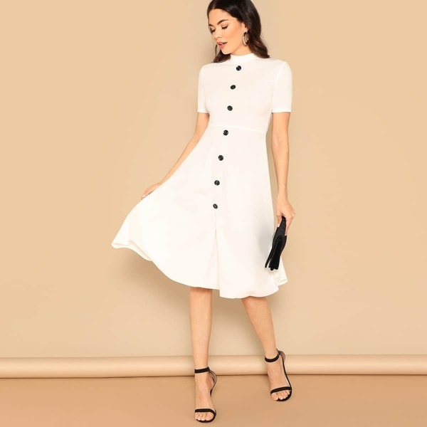 

Button Front Mock-neck Solid Dress, White