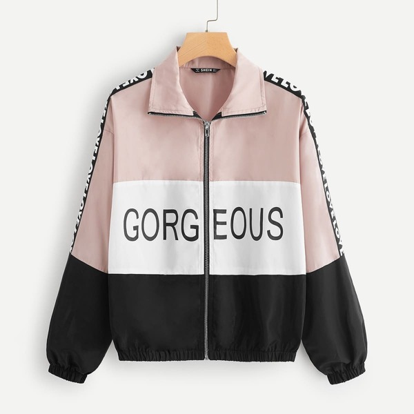 

Zip Up Color-block Letter Print Jacket