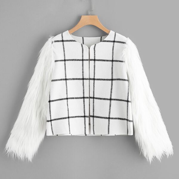 

Open Front Faux Fur Sleeve Grid Coat, Beige