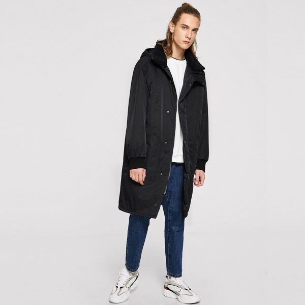 

Men Pocket Patched Hoodie Parka Coat, Black