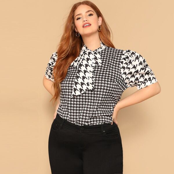 

Plus Tie Neck Puff Sleeve Houndstooth Blouse
