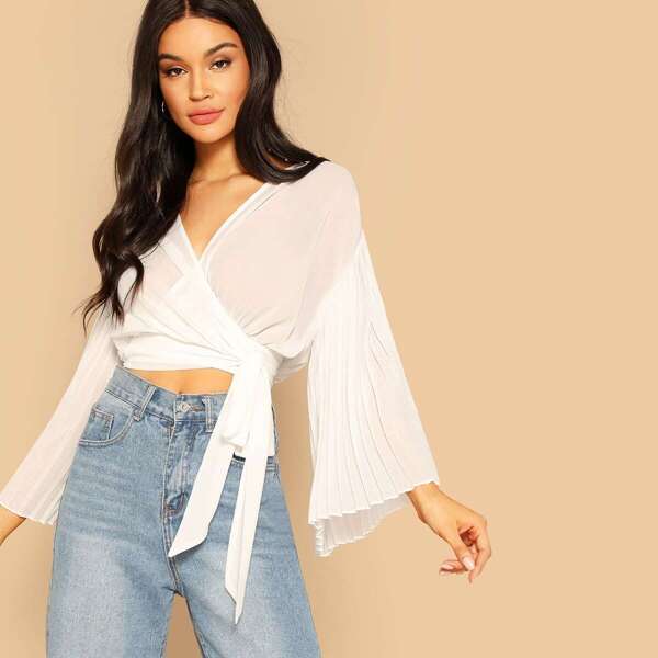 

Crop Wrap Belted Pleated Bell Sleeve Blouse, White