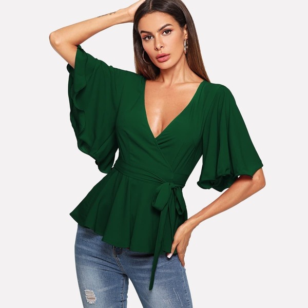 

Flounce Sleeve Wrap Belted Peplum Top