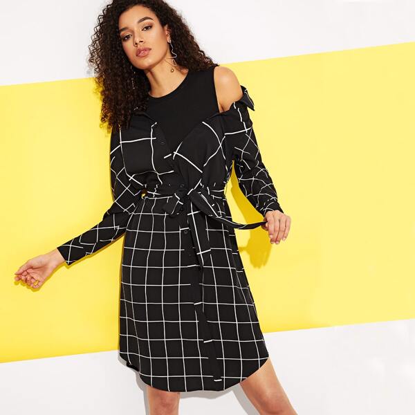 

Asymmetric Shoulder 2 in 1 Belted Grid Shirt Dress