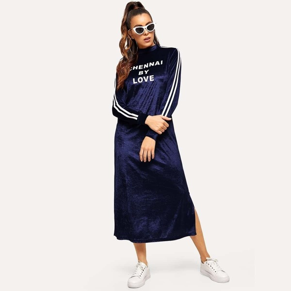 

Mock Neck Split Side Letter Print Velvet Dress