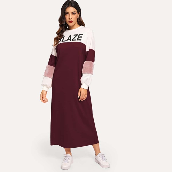 

Faux Fur Sleeve Colorblock Letter Print Tunic Dress