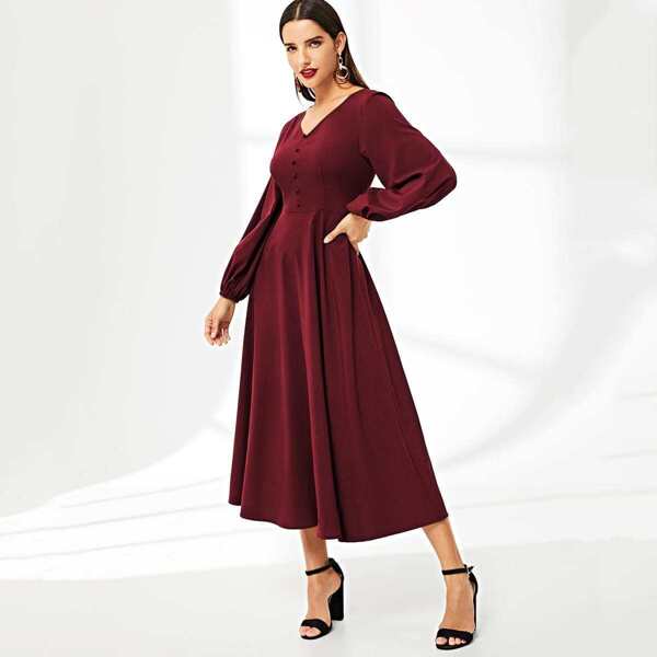 

Half Button Lantern Sleeve Flare Dress, Burgundy
