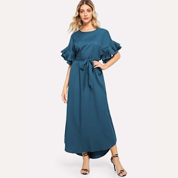 

Tiered Pleated Flounce Sleeve Curved Hem Belted Dress, Blue