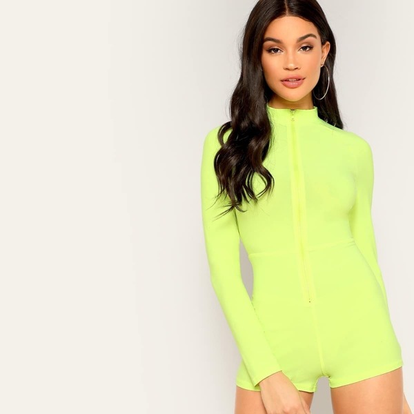

Neon Green Zip Up Mock Neck Romper