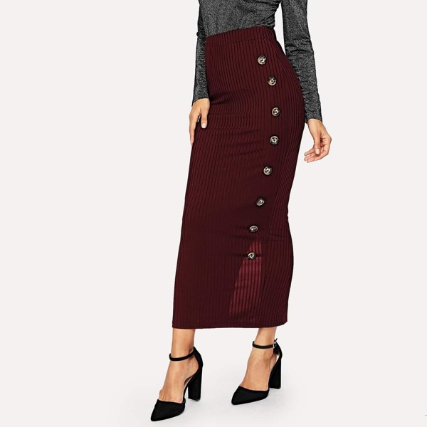 

Button Side Rib-knit Slit Skirt