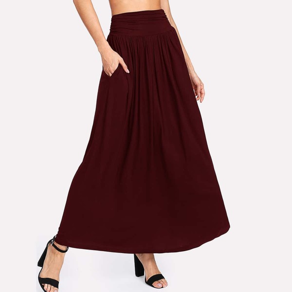 

Wide Waist Pleated Solid Skirt, Burgundy
