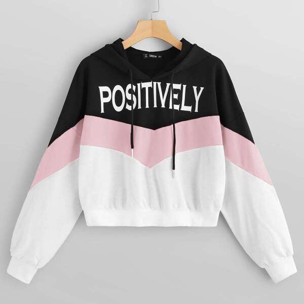 

Color Block Letter Print Chevron Hoodie