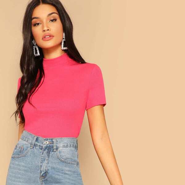 

Ribbed Knit Mock-neck Solid Tee