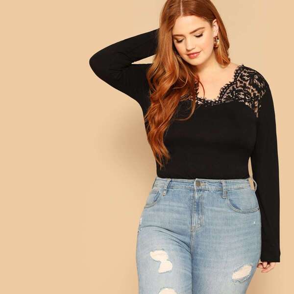 

Plus Raw Trim Lace Shoulder Top