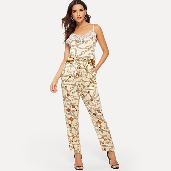 

Chain Print Lace Trim Cami Top & Pants Set, Beige