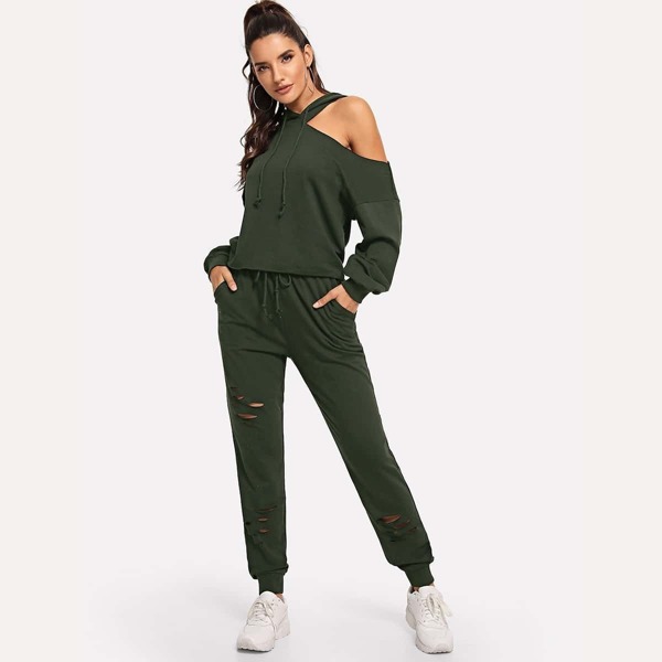 

Asymmetrical Shoulder Drawstring Hoodie & Ripped Pants Set