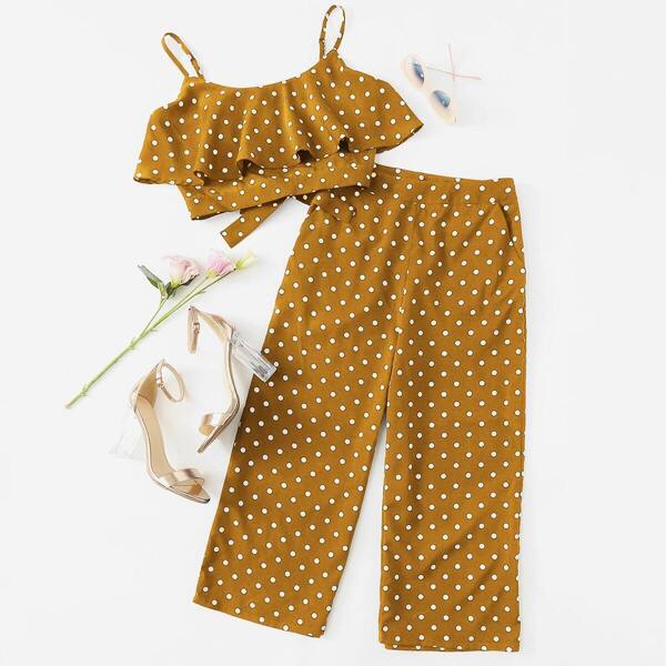 

Polka Dot Flounce Cami Top & Culotte Pants Set, Yellow