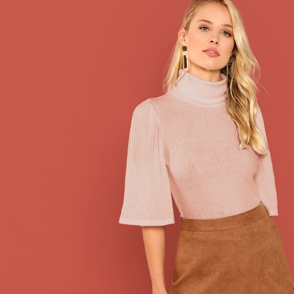 

Turtle Neck Bell Sleeve Rib-knit Tee