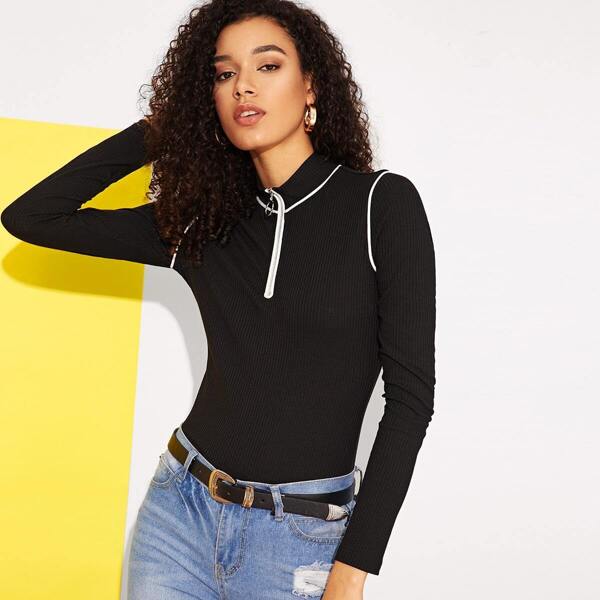 

Zip Up Ribbed Knit Tee