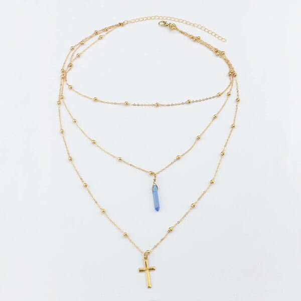 

Blue Cross Natural Stone Multilayer Necklace Sweater Chain Necklace