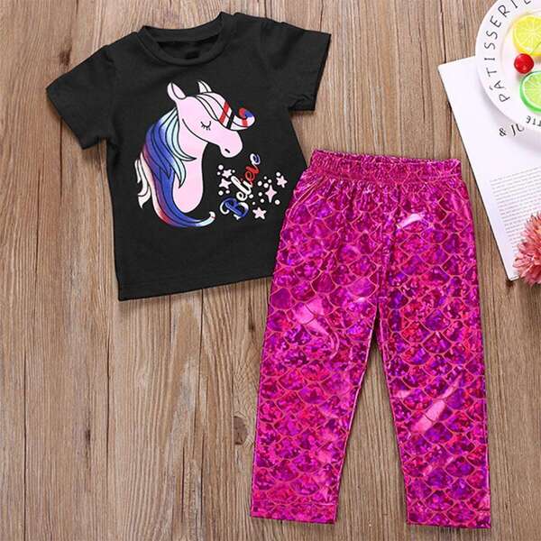 

Toddler Girls Cartoon Print Tee With Metallic Pants