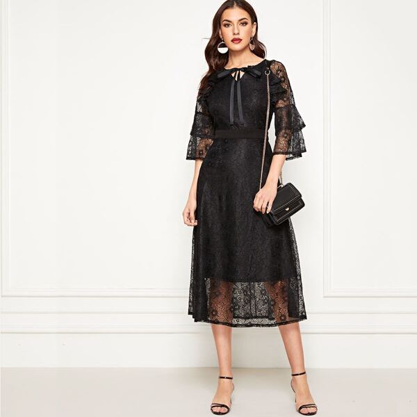 

Lace Layered Sleeve Tie Neck Dress