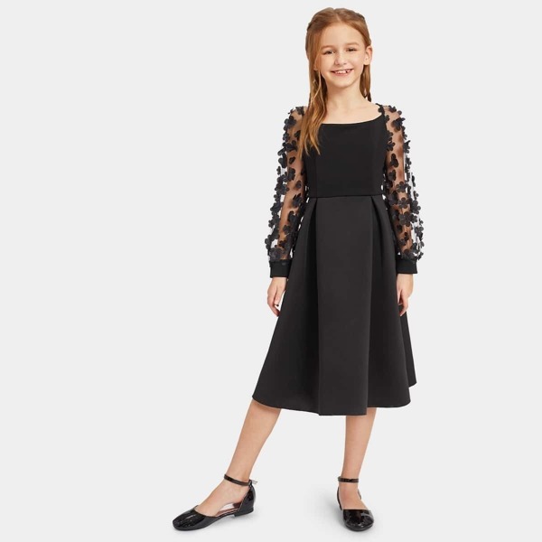 

Girls Applique Mesh Insert Boxed Pleated Dress, Black