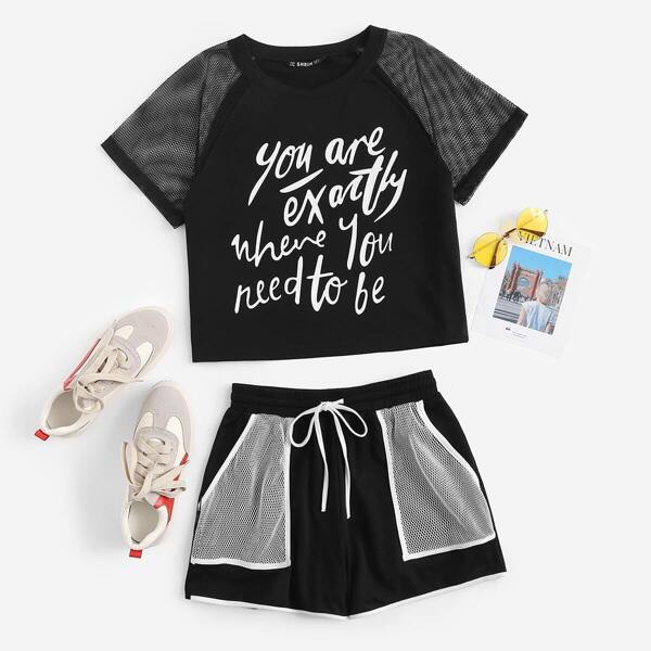 

Eyelet Mesh Sleeve Letter Top & Shorts Set, Black and white