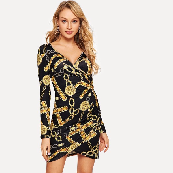 

Scarf Print Surplice Neck Dress