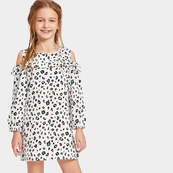 

Girls Cutout Shoulder Leopard Ruffle Trim Dress