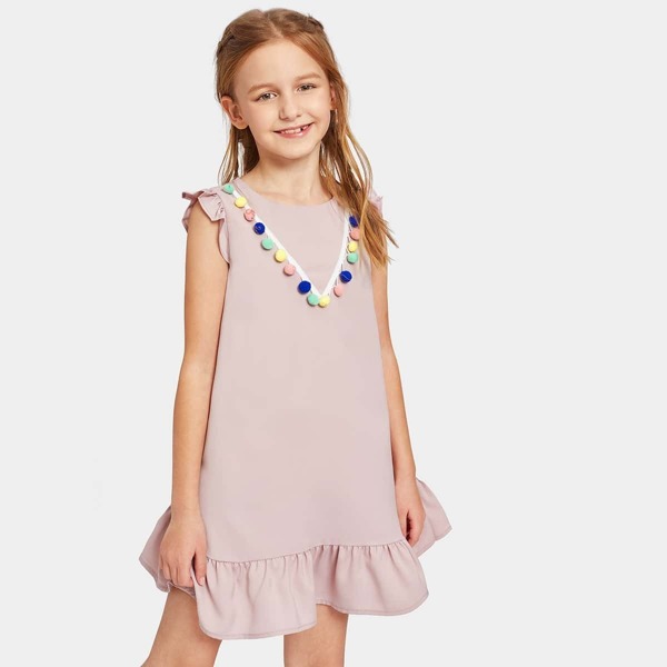 

Girls Pompom Detail Flounce Hem Shell Dress, Pink