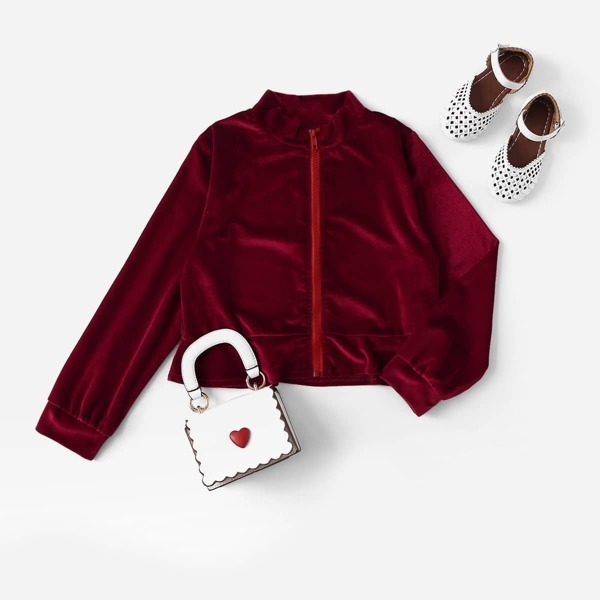 

Girls Mock-neck Ruffle Hem Zipper Velvet Jacket