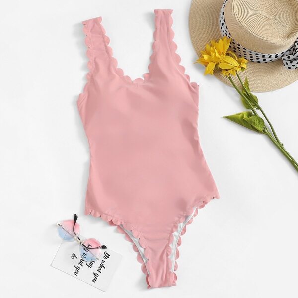 

Scallop Edge Lace-up Back One Piece Swimsuit, Pink pastel