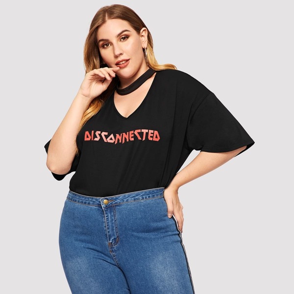 

Plus Choker Neck Letter Print Top