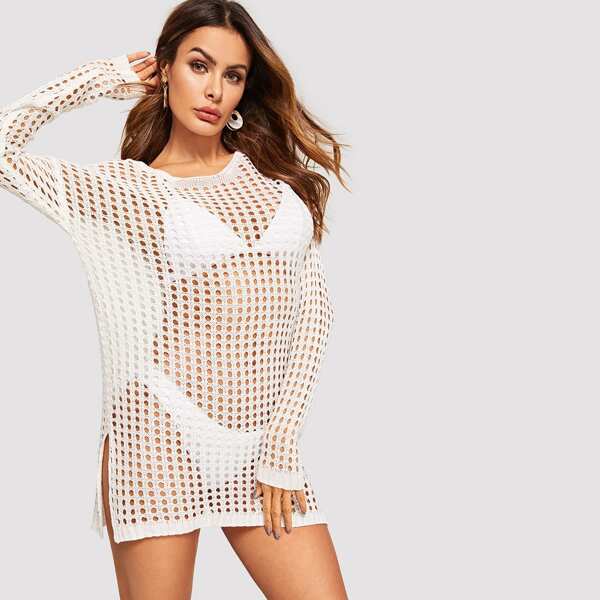 Drop Shoulder Crochet Eyelet Slit Hem Cover Up