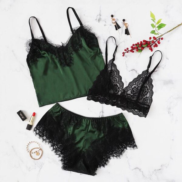 

Contrast Lace Satin Cami Top & Bralette & Panty