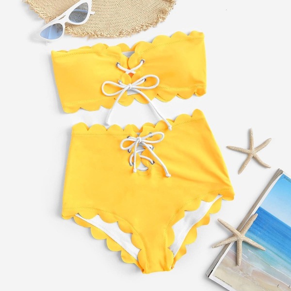 

Scalloped Trim Lace-up Bandeau With High Waisted Bikini, Mustard yellow