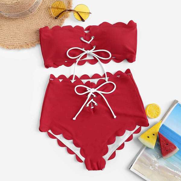 

Scalloped Trim Lace-up Bandeau With High Waist Bikini, Red